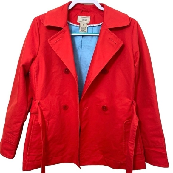 LL Bean Trench Jacket Double Breasted Peacoat Red Belted 100% Cotton MEDIUM - Picture 6 of 14